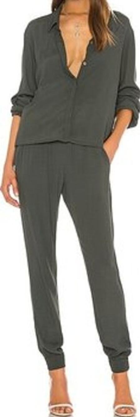 Monrow Crepe Long Sleeve Jumpsuit Collared Button Up Elastic Waist Gray XS